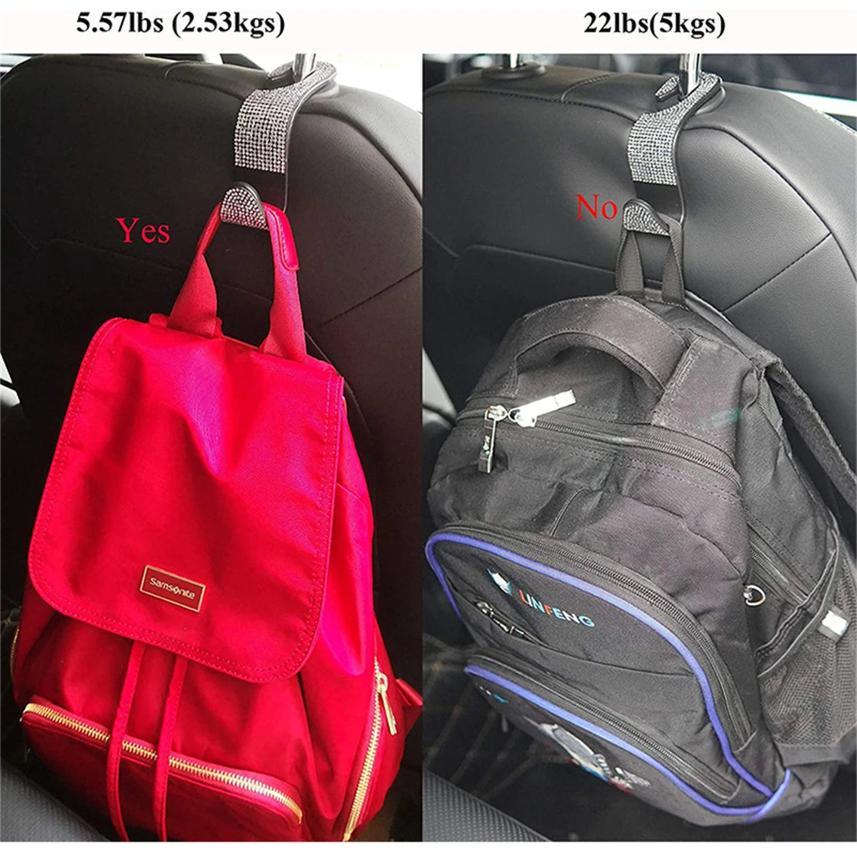 A comparison showing a red bag and a black bag, demonstrating the dual artificial diamond car hooks for storage.