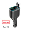 Black Type-C car charger with digital voltmeter and three retractable cables.