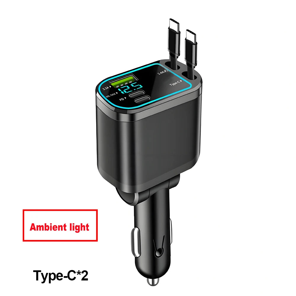 Black Type-C car charger with digital voltmeter and three retractable cables.