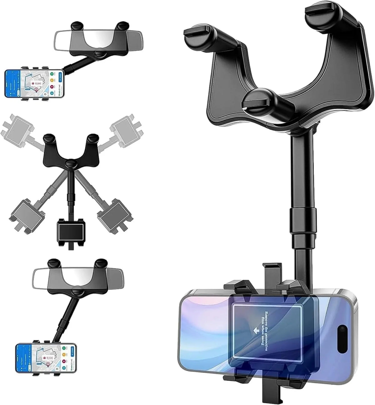 A black universal car phone mount with a retractable clip and a smartphone holder.
