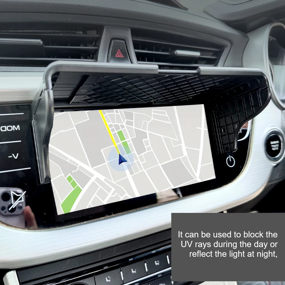 A car GPS navigator sun shield with an adjustable visor is shown in a vehicle dashboard.