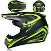 A black and neon yellow kids and motorcycle off-road safety helmet shown from the side.