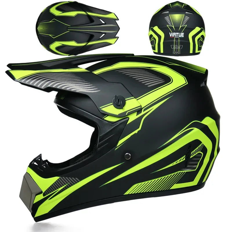 A black and neon yellow kids and motorcycle off-road safety helmet shown from the side.