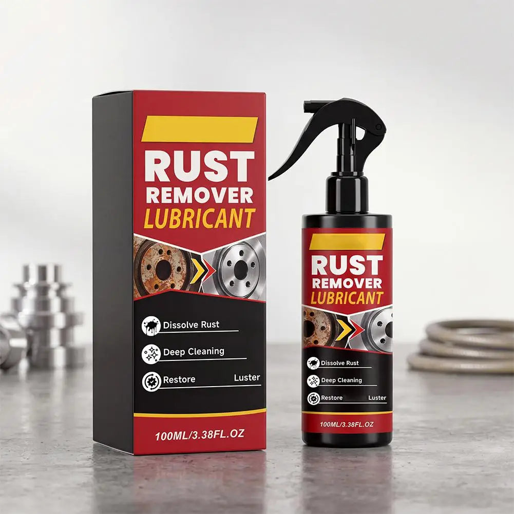 A black box and bottle of Rust Remover Lubricant spray cleaner with a black pump dispenser.