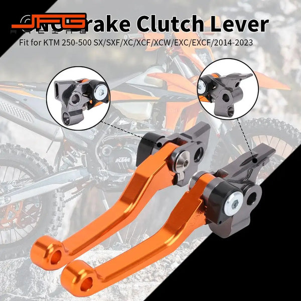 Orange and black clutch and brake levers for KTM motorcycles, shown in detail.