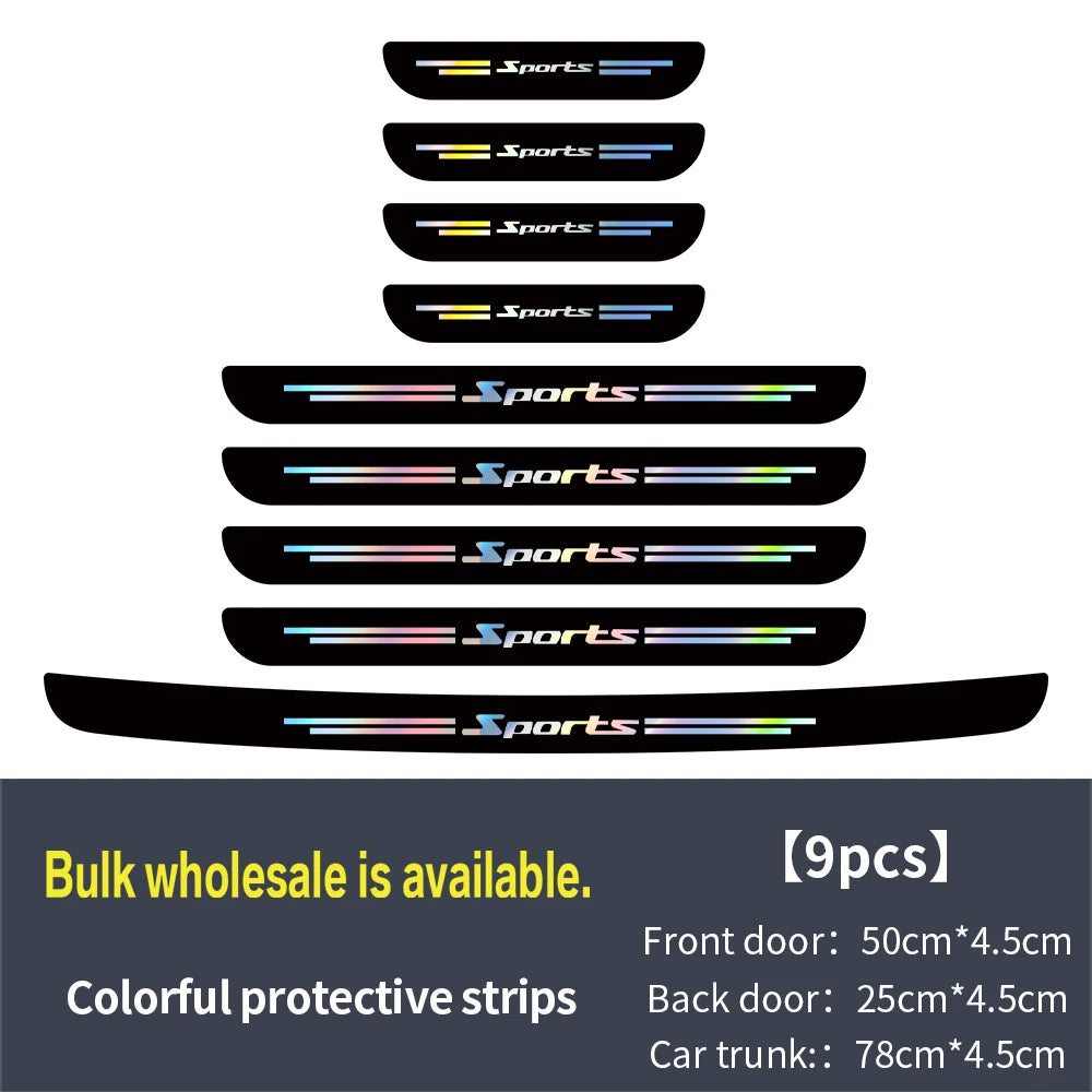 A stack of colorful protective vinyl strips for car door sills, showing various lengths.
