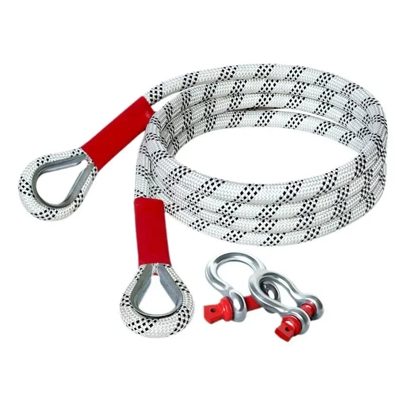 A coiled heavy duty towing rope with red connectors and a silver-white braided texture.