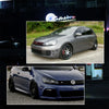 A close-up of a dark blue Volkswagen MK6 GTI with aftermarket wheels and LED side marker turn signals.