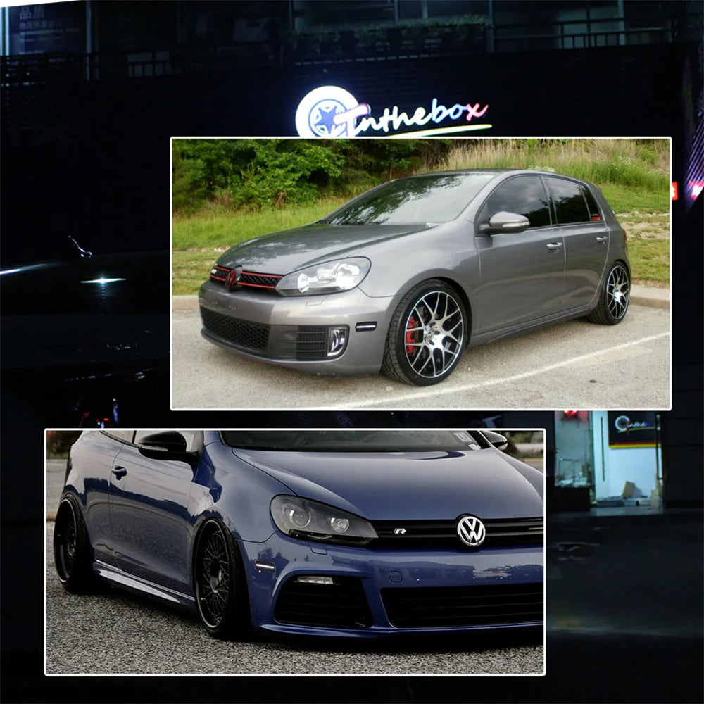 A close-up of a dark blue Volkswagen MK6 GTI with aftermarket wheels and LED side marker turn signals.