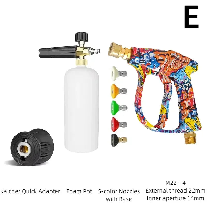 High-pressure washer gun with foam cannon and nozzle set including a white bottle and various colored nozzles