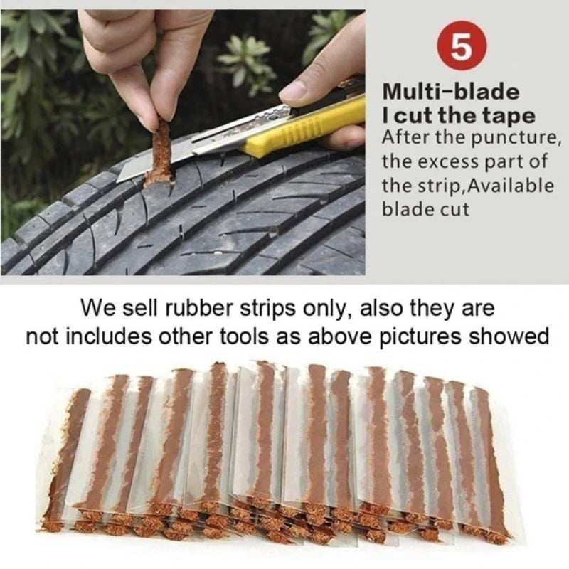 Rolls of natural rubber tire repair strips showing various widths and thicknesses.