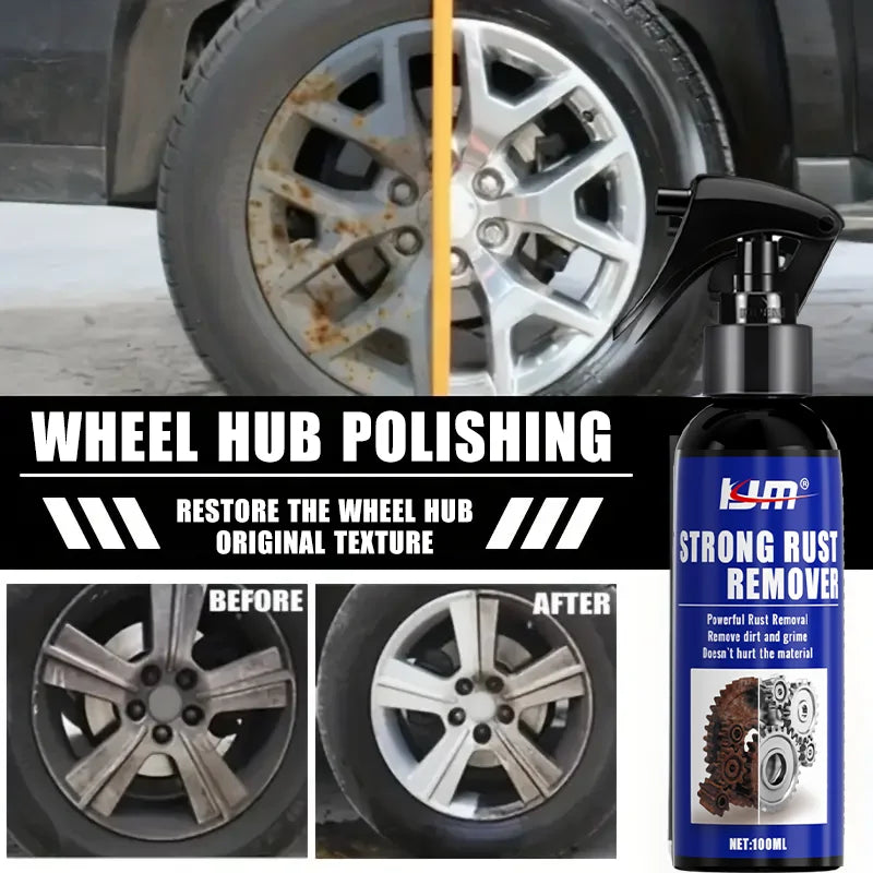 A bottle of Strong Rust Remover spray next to a close-up of a car wheel hub before and after polishing.