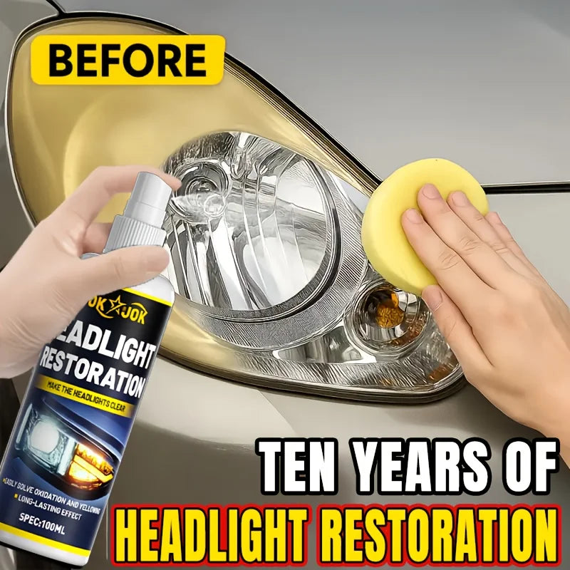 Hands are applying headlight restoration spray to a car's headlight lens before and after comparison.
