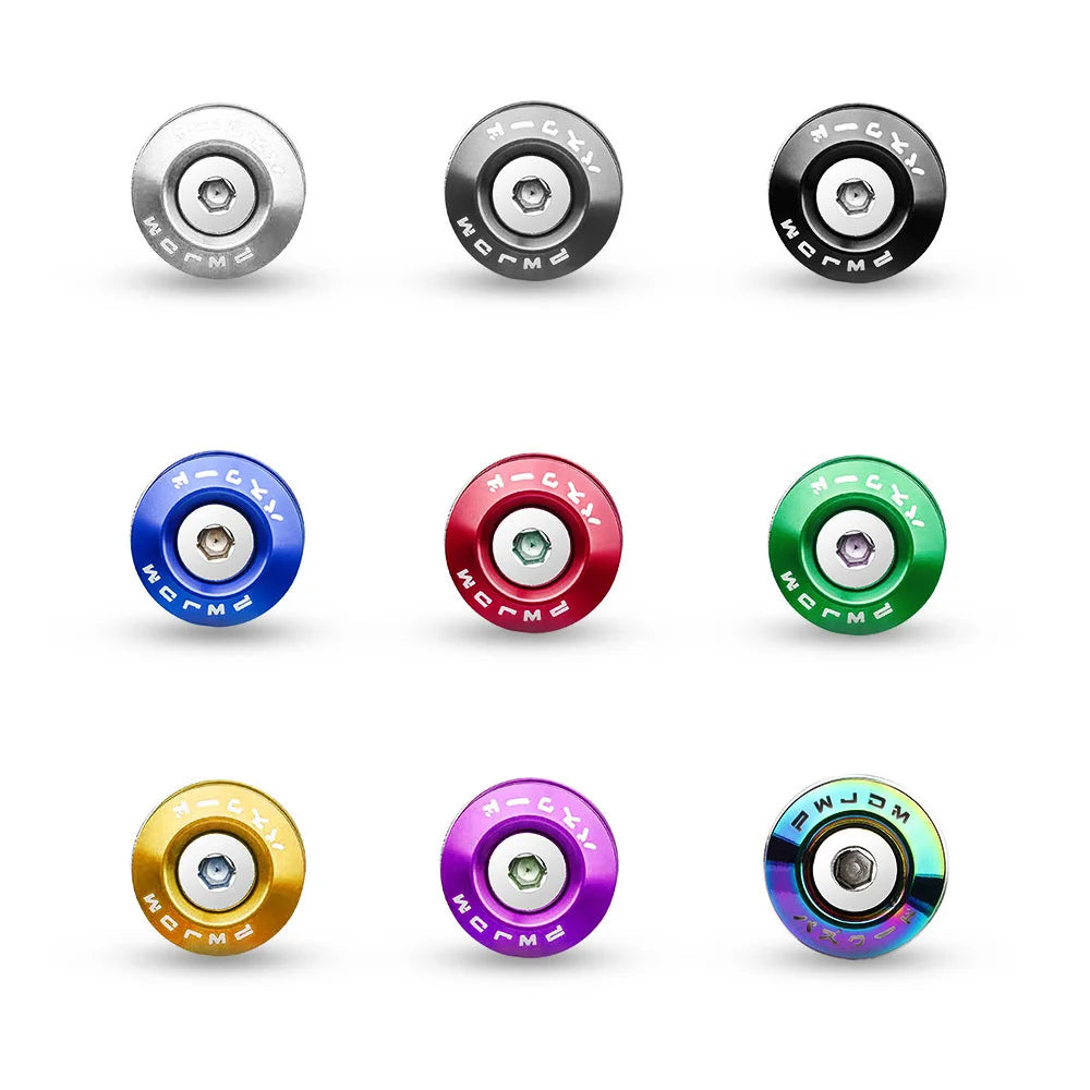 A collection of sixteen billet aluminum quick release fasteners in various colors including silver, black, blue, red, green, 