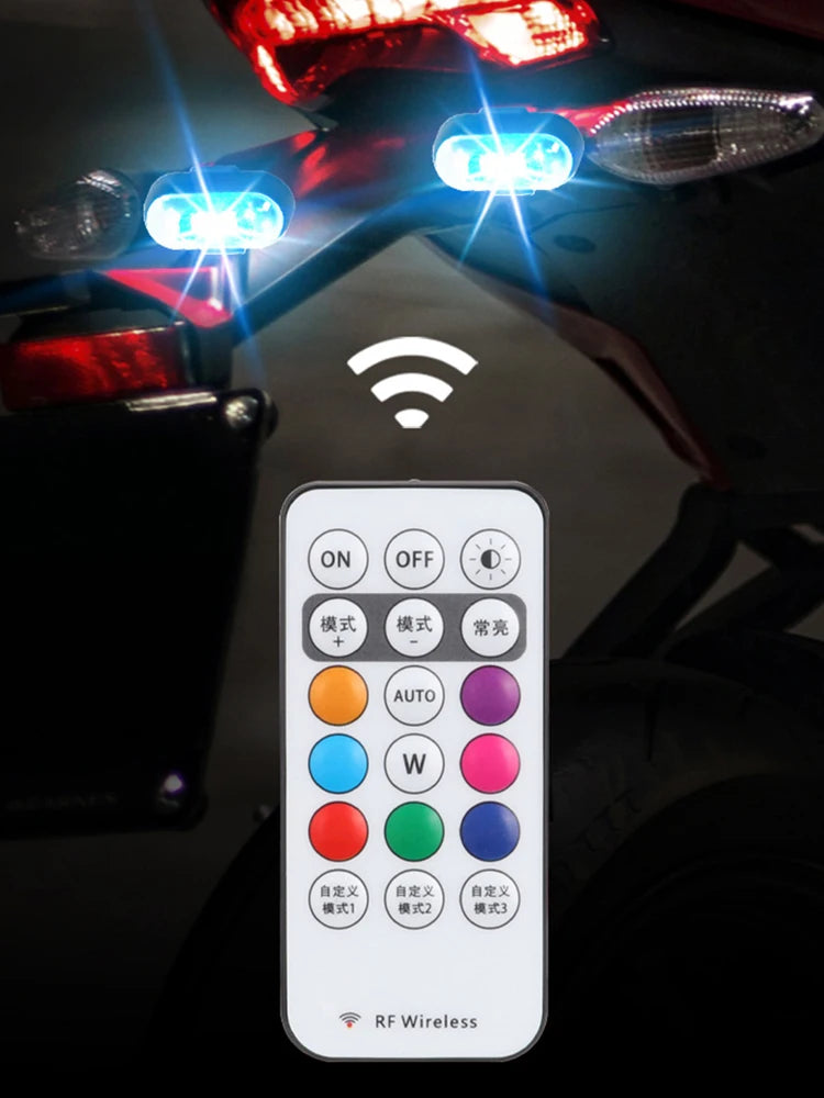 Weißer Fernbedienung für mehrfarbige RGB-LED-Warnblitze, mit Ein-/Ausschalt- und Einstelltasten.