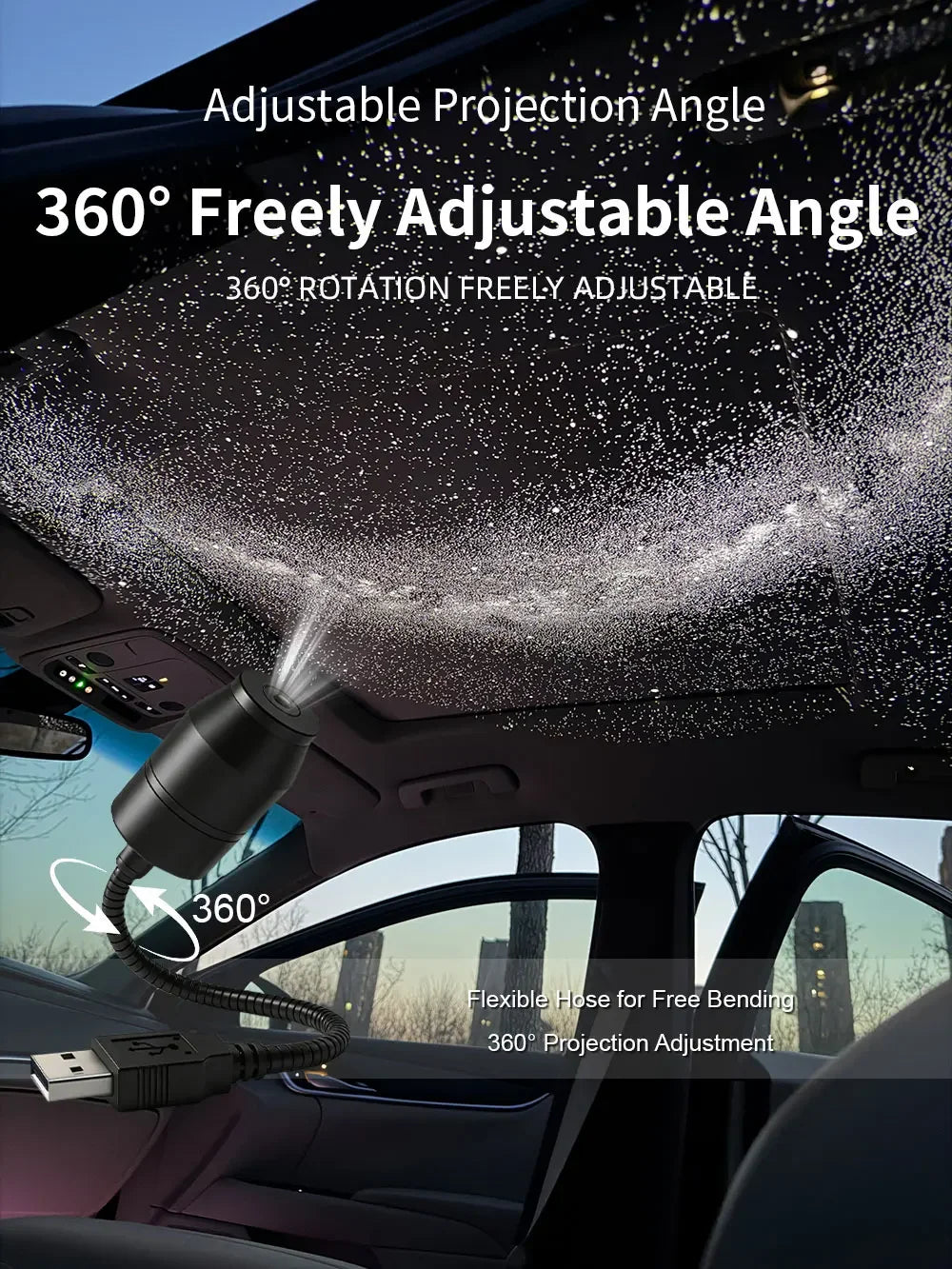 Flexibler Schlauchprojektor beleuchtet das Autointerieur mit 360-Grad-Einstellwinkel.