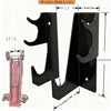 Two black heavy-duty metal floor jack stands are shown with dimensions and a pink floor jack for scale.