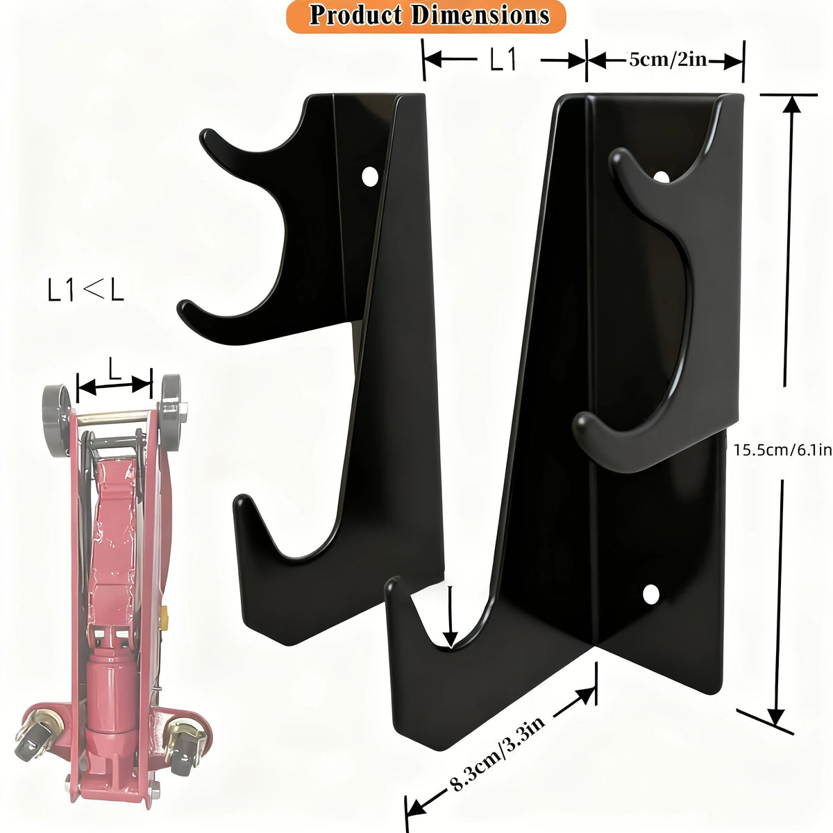 Two black heavy-duty metal floor jack stands are shown with dimensions and a pink floor jack for scale.