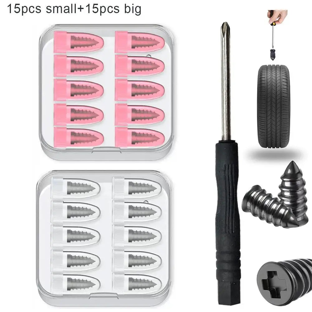 A set of 15 small and 15 big car tyre puncture repair needles and tools in clear plastic containers.