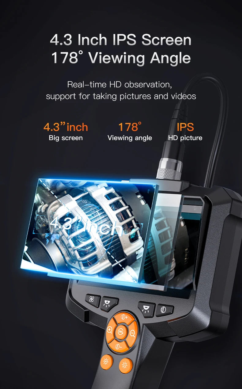 A close-up of an industrial HD inspection camera with a 4.3 inch IPS screen displaying a detailed view.