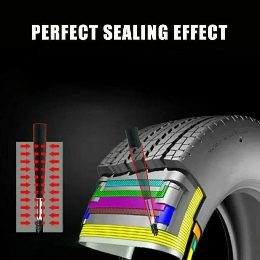 Close-up view of a rubber tire plug being installed into a tire, demonstrating the perfect sealing effect.