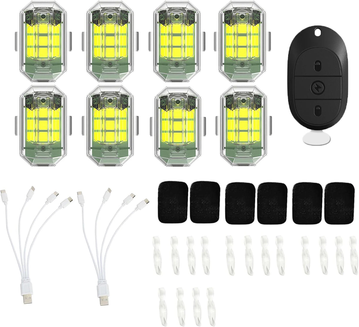 A set of wireless strobe warning lights for vehicles, including multiple light heads and a remote control.