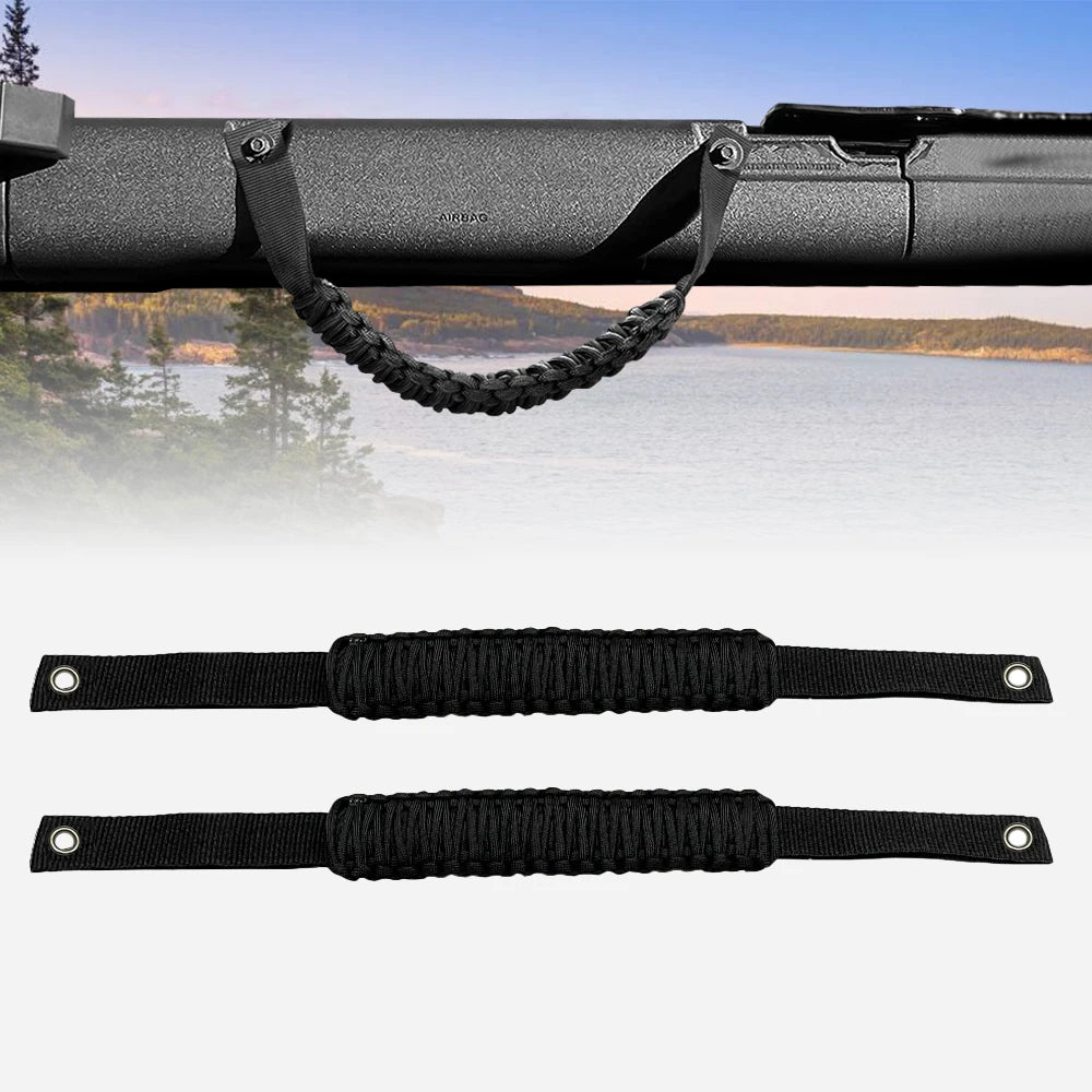 Black grab handles for Ford Bronco roll bars shown in use and separate components.