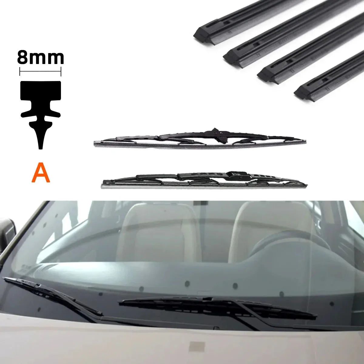 A set of 8mm wiper blade refill rubber strips and a measuring tool shown against a car windshield.