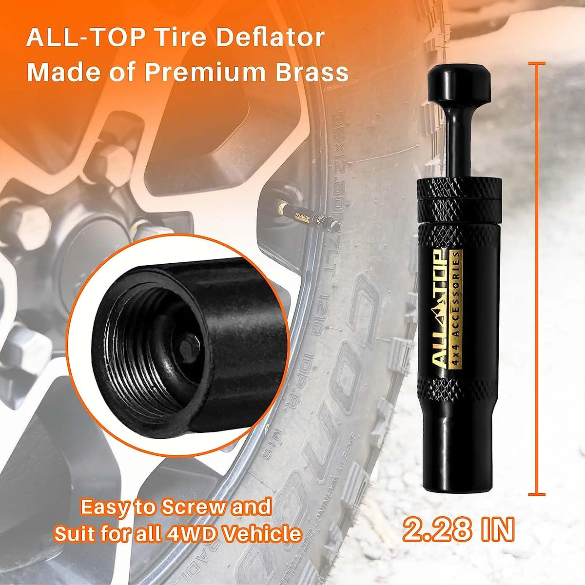 All-top tire deflator made of premium brass with a 2.28 inch size shown next to a tire.