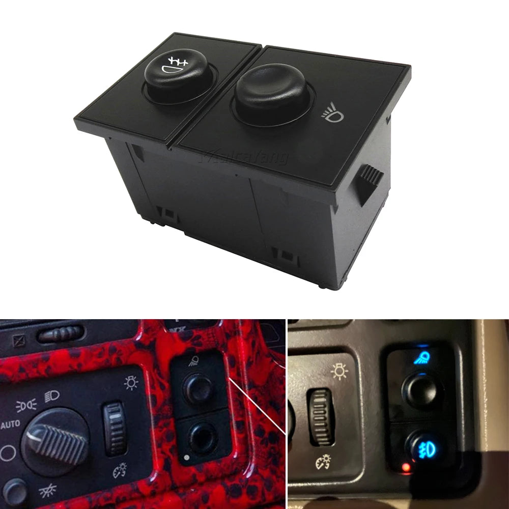 Black aftermarket fog light switch for GMC or Chevy trucks shown in two views.