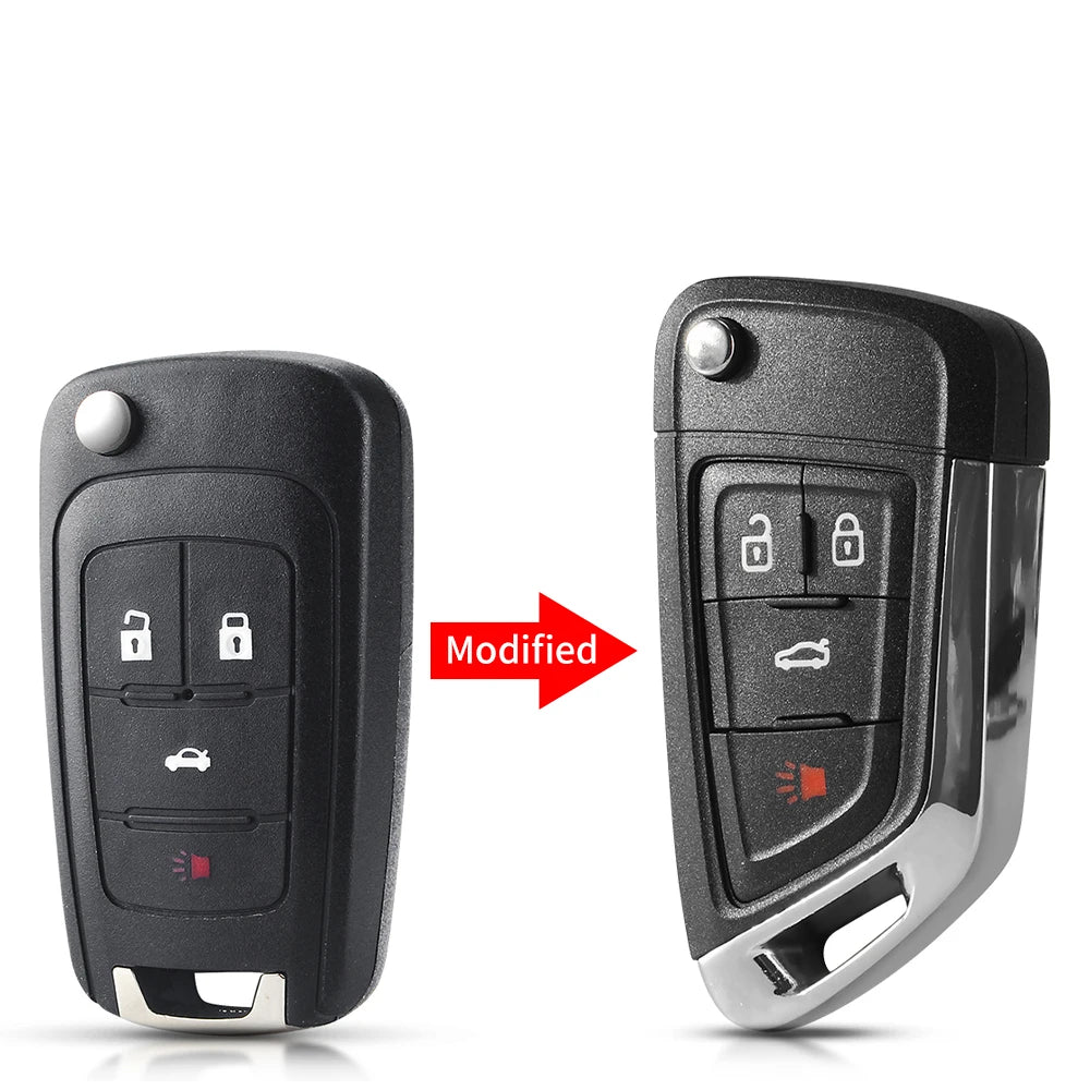 A black replacement flip key shell case for Chevrolet, Buick, Vauxhall, and Opel models shown next to a modified version.