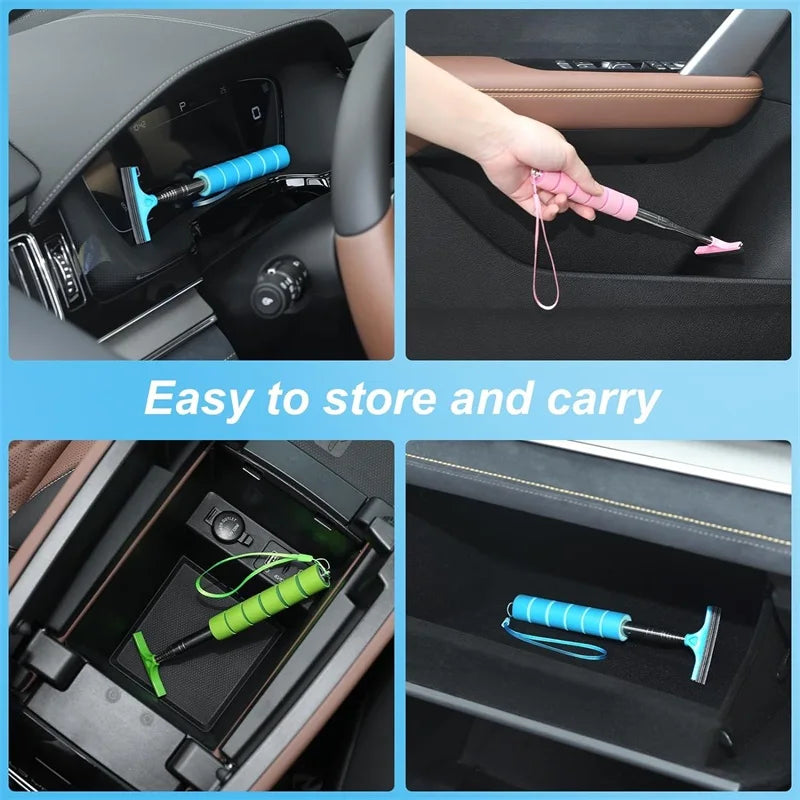 A set of universal car and glass cleaning tools shown in various storage and carrying contexts.