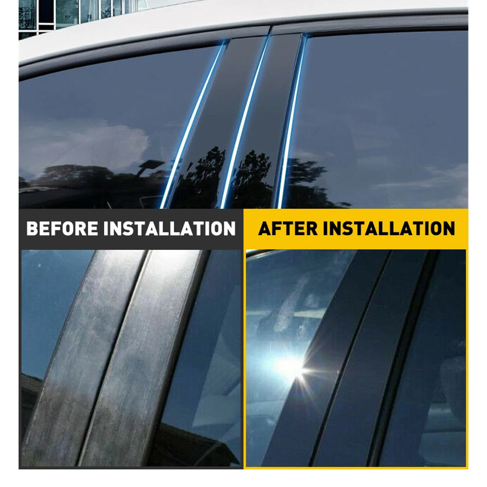 Before and after installation of glossy piano black window door pillar trim on a vehicle.