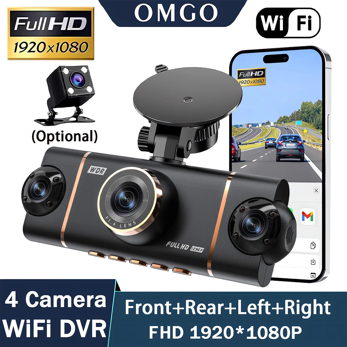 Caméra DVR WiFi Full HD noire avec quatre caméras : avant, arrière, gauche et droite.