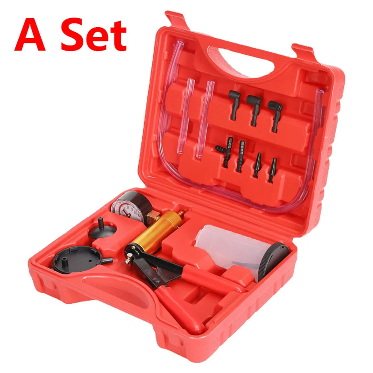 A set of manual vacuum pump and brake bleeder kit in a red plastic case