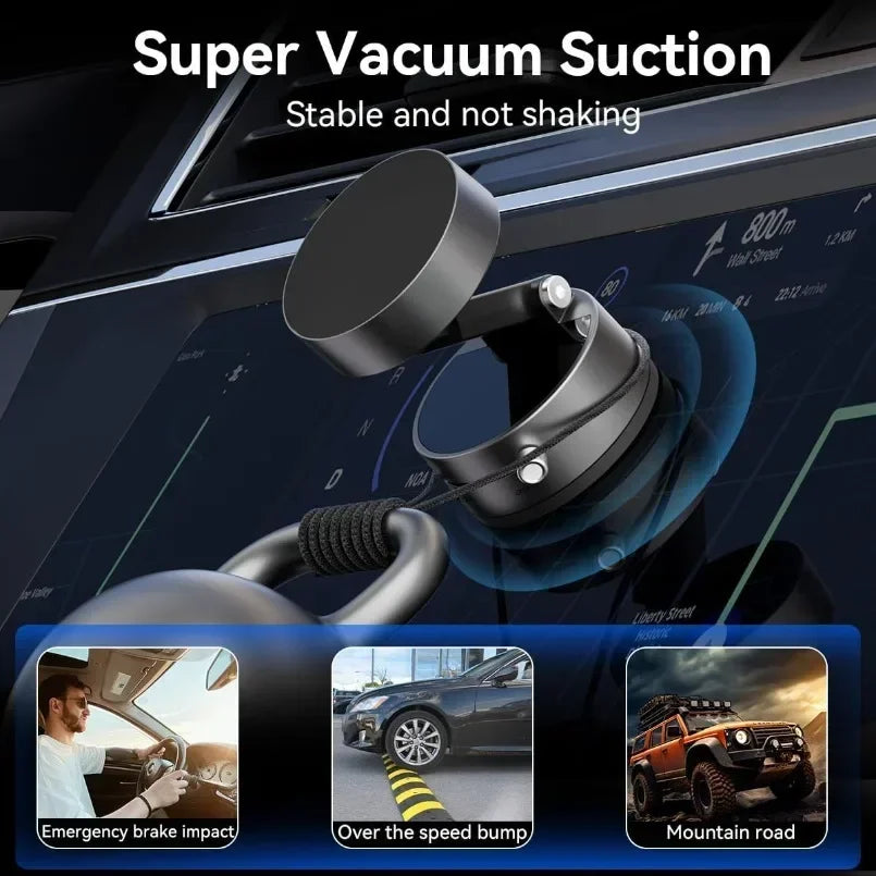 A heavy duty magnetic phone holder demonstrating super vacuum suction for stable grip on a surface.