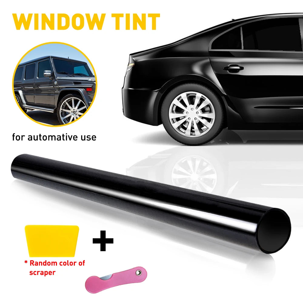 Window tint film and scraper kit for automotive use shown next to a black car.