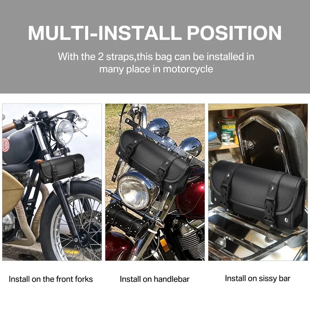 PU-Leder-Motorrad-Satteltaschen montiert an Vorderrubo, Lenker und Sitzstange.