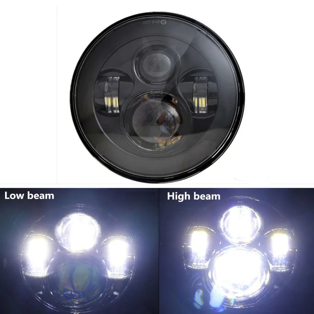 A circular motorcycle LED headlight assembly showing low beam and high beam settings.