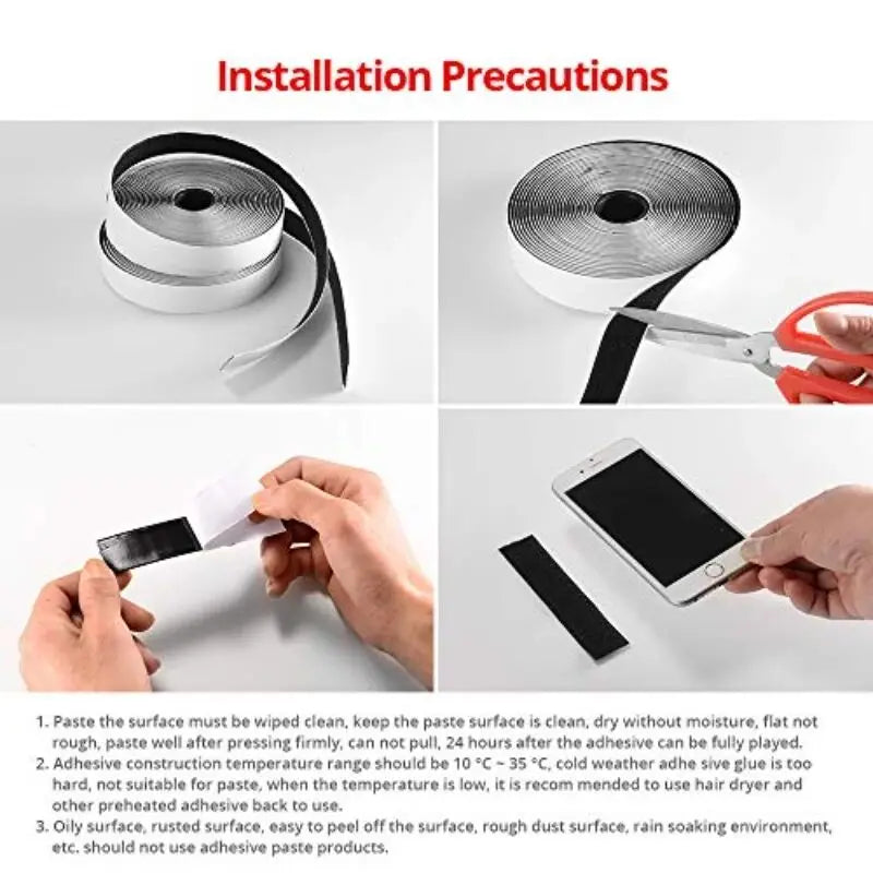 Installation precautions showing a roll of self-adhesive hook and loop tape strips and a pair of scissors.