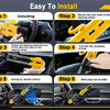 A six-step guide showing how to install a heavy duty yellow steering wheel anti-theft lock with an alarm.