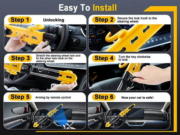 A six-step guide showing how to install a heavy duty yellow steering wheel anti-theft lock with an alarm.