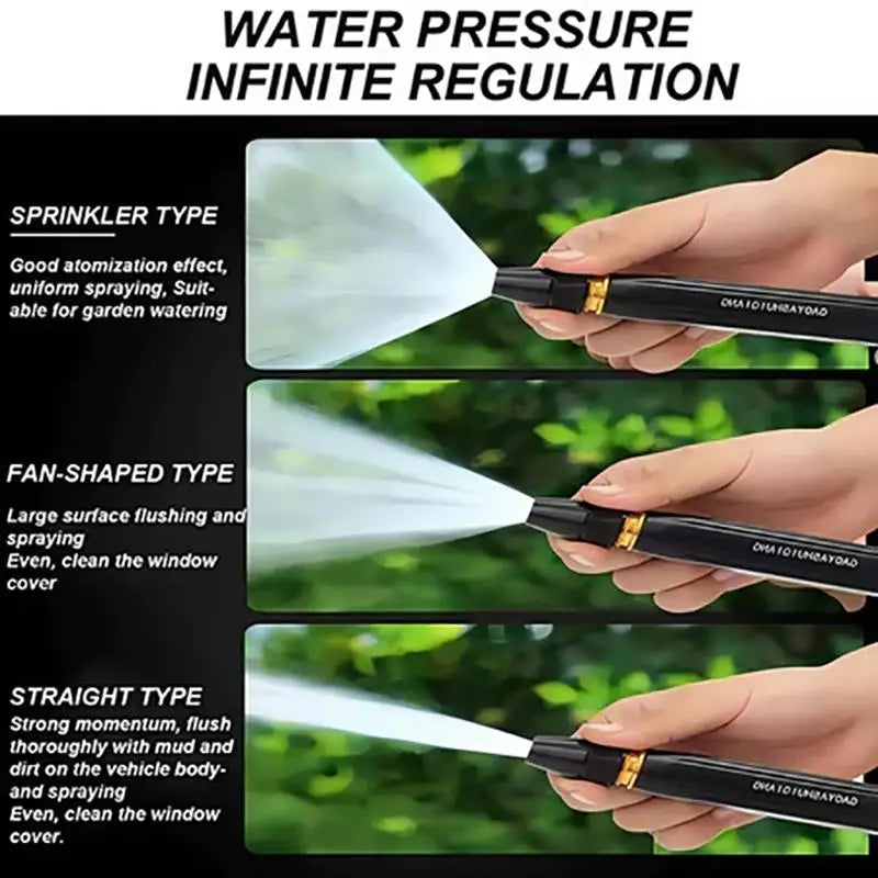 A set of three water pressure sprayers, including sprinkler, fan-shaped, and straight types, being used for various cleaning 