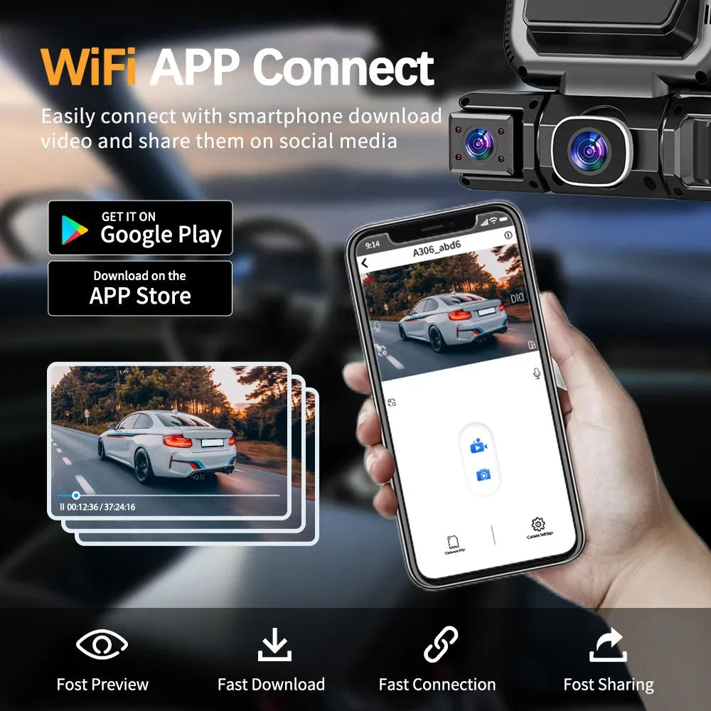 A hand holds a smartphone displaying an app interface for connecting and sharing video from a 4-camera 360° car DVR dash cam.