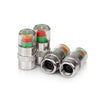 Trois bouchons de valve de moniteur de pression de pneus montrant des composants internes de couleurs différentes.