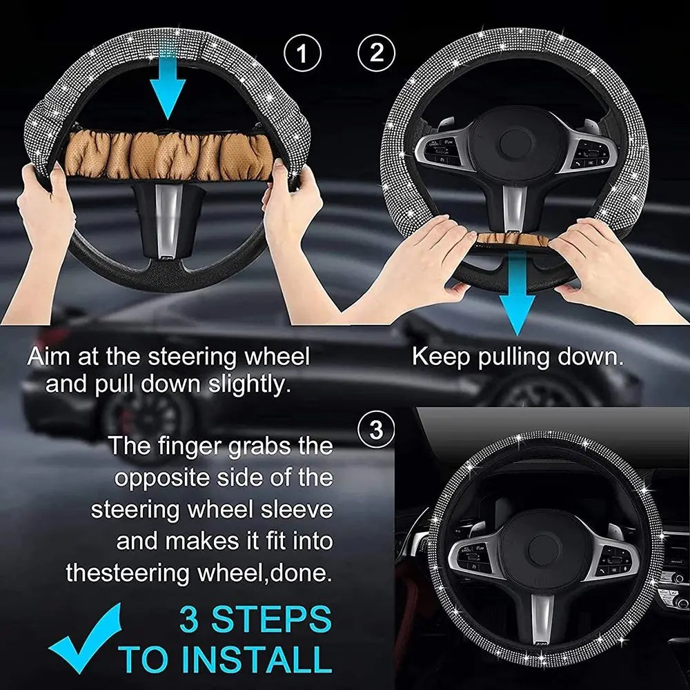 Instructions show how to install a rhinestone bling steering wheel cover in three steps.