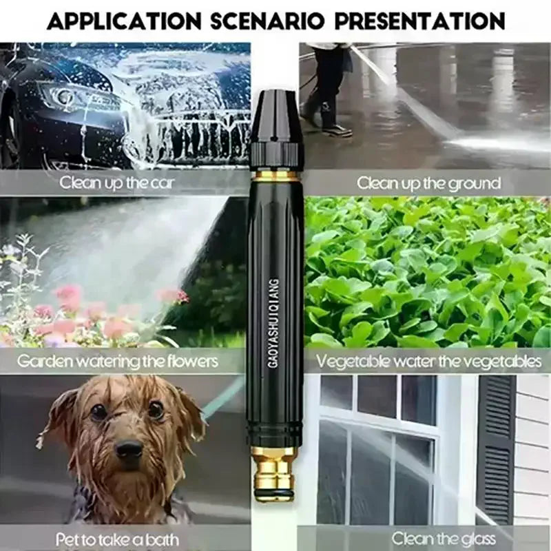 A presentation showing various applications of a heavy duty 4-in-1 high-pressure water spray and watering kit for cleaning ca