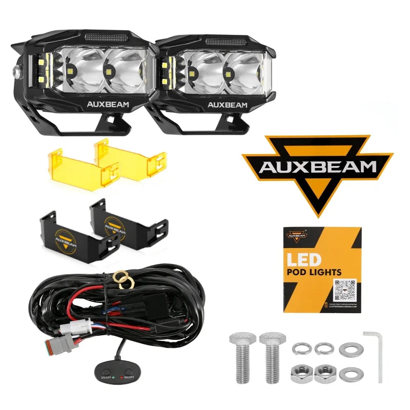 A set of AUXBEAM high-performance 4-inch LED driving lights and related components including wiring and mounting hardware.