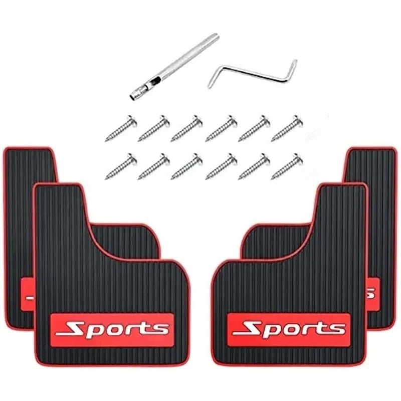 Set of universal rubber mud flaps for vehicles including various sized flaps and mounting hardware
