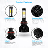 A set of high-performance car LED bulbs featuring an aluminum body, adapter, and high-speed fan.